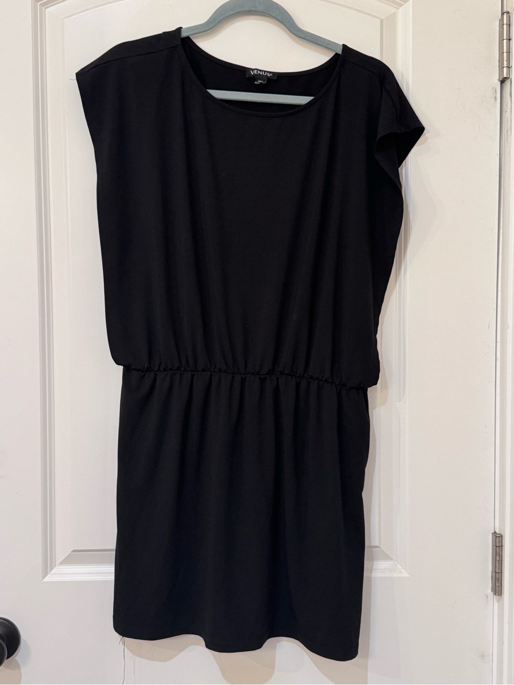 VENUS Black Elastic-Waist Cap Sleeve Mini Dress